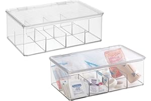 mDesign Plastic Divided First Aid Storage Box Kit with Hinge Lid for Bathroom, Kitchen, Cabinet, Closet - Organize Medicine, Ointments, Adhesive Bandages, Dental - 8 Sections, 2 Pack - Clear