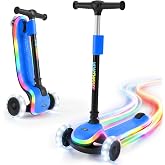 Youthkkee Kids Kick Scooter with LED Light-Up Wheels &amp; Deck, 3-Wheel Folding Scooter for Ages 3-10, Adjustable Height, Extra Wide Anti-Slip Deck for Boys Girls