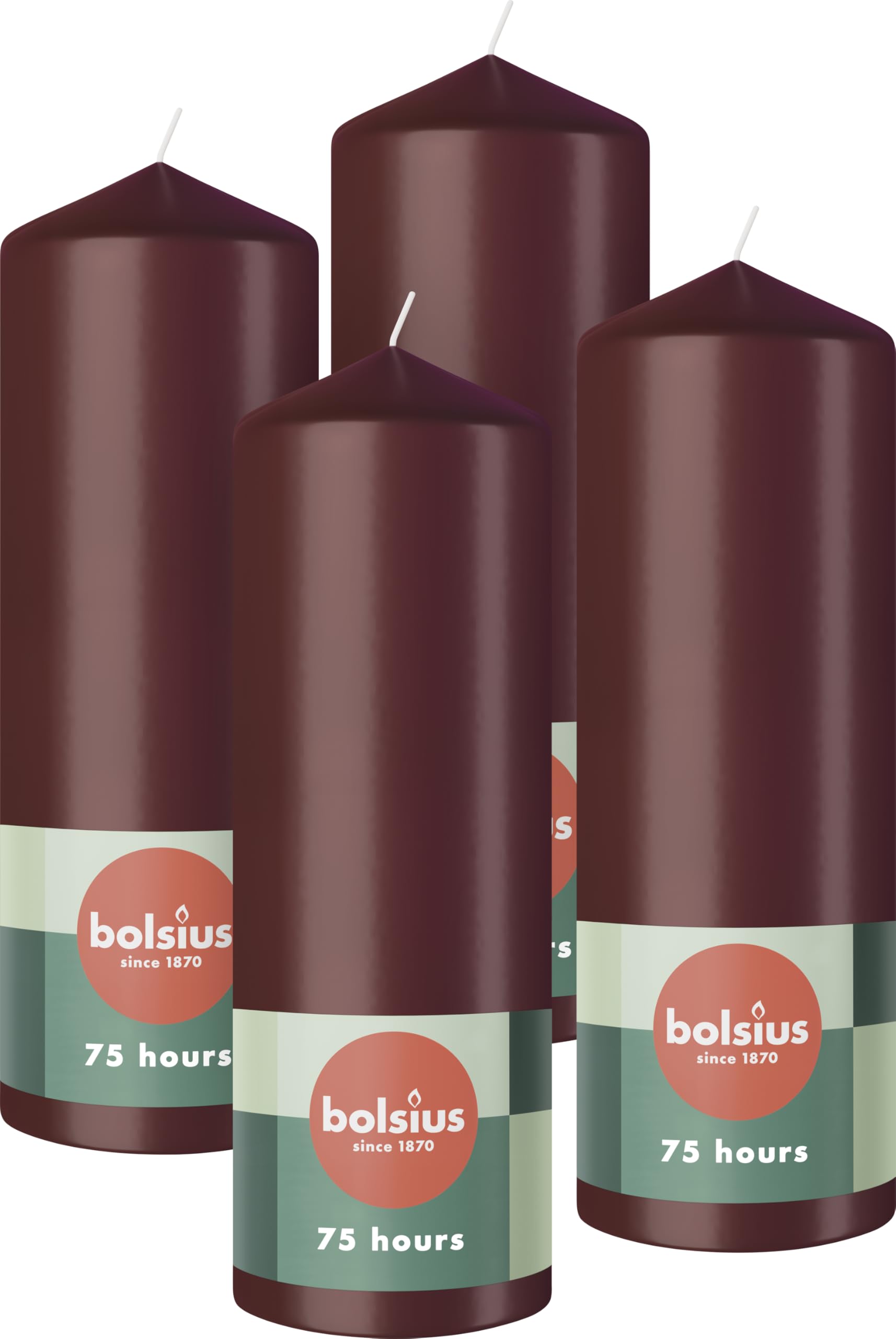 Bolsius Pillar Candles - Dark Red - 4-Pack - 20 x 7 cm - Decorative Household Candles - Long Burning Time of 75 Hours - Unscented - Includes Natural Vegan Wax - Without Palm Oil