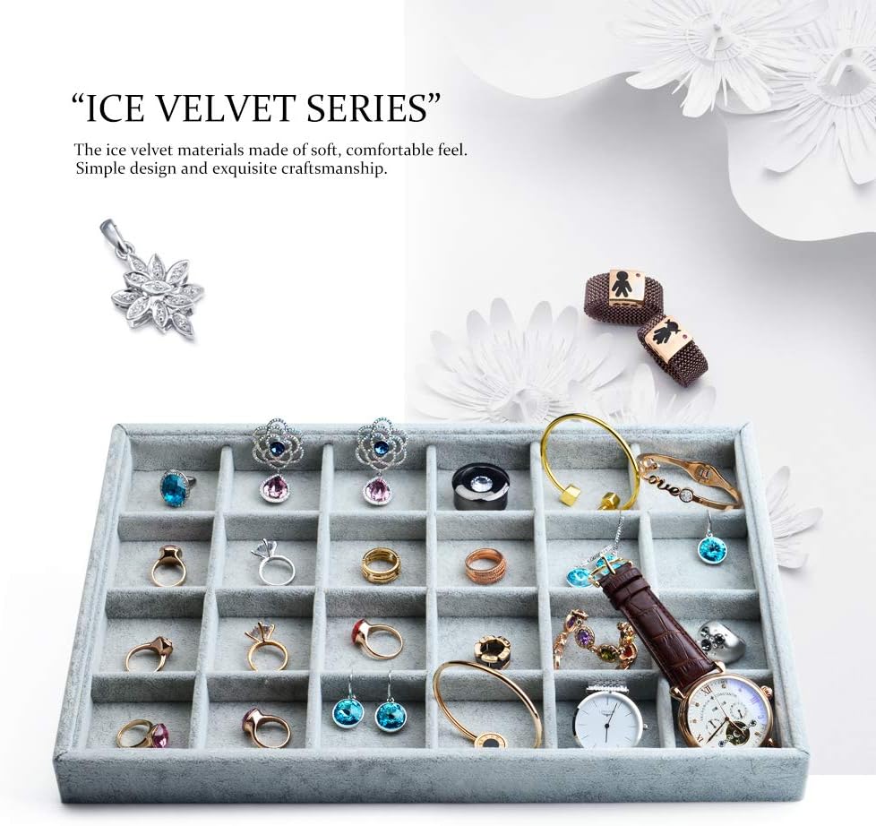 Oirlv 24 Grid Ice Velvet Jewelry Drawer Organizer Tray Stackable Jewelry Trays Removable Dividers for Rings Earring Storage Display: Home & Kitchen
