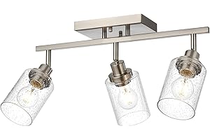 WINSHEN 3-Light Rotatable Track Lighting Kit, Brushed Nickel Semi Flush Mount Ceiling Light Vanity Lighting Fixtures Spotlight, Seeded Glass Shades