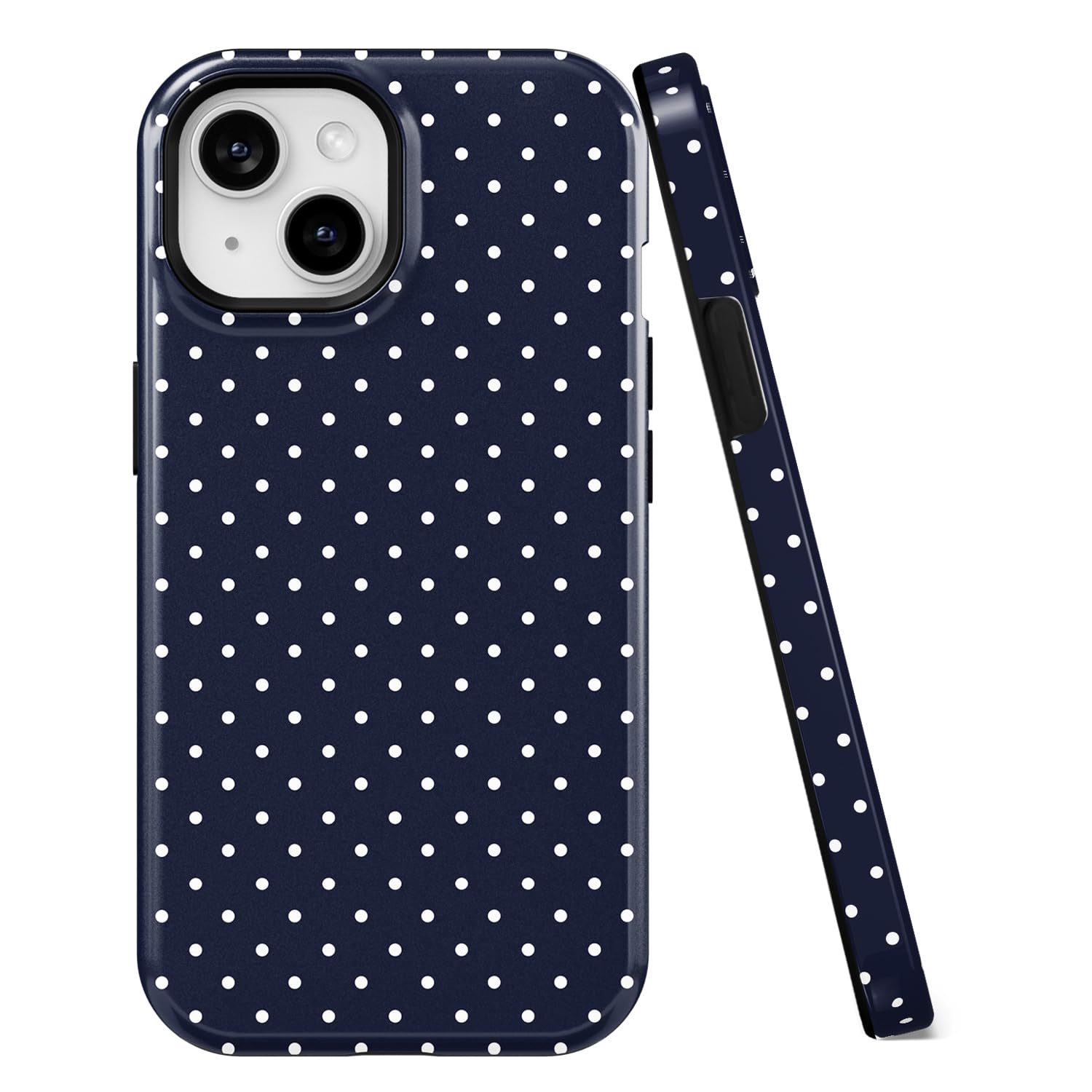 uCOLOR Compatible with iPhone 15/14 6.1" Case, Hybrid 2 Layer Hard Shell Silicone Protective Case Shockproof Design Slim Stylish Durable Phone Cover (Navy Blue Polka Dot, iPhone 15/14)