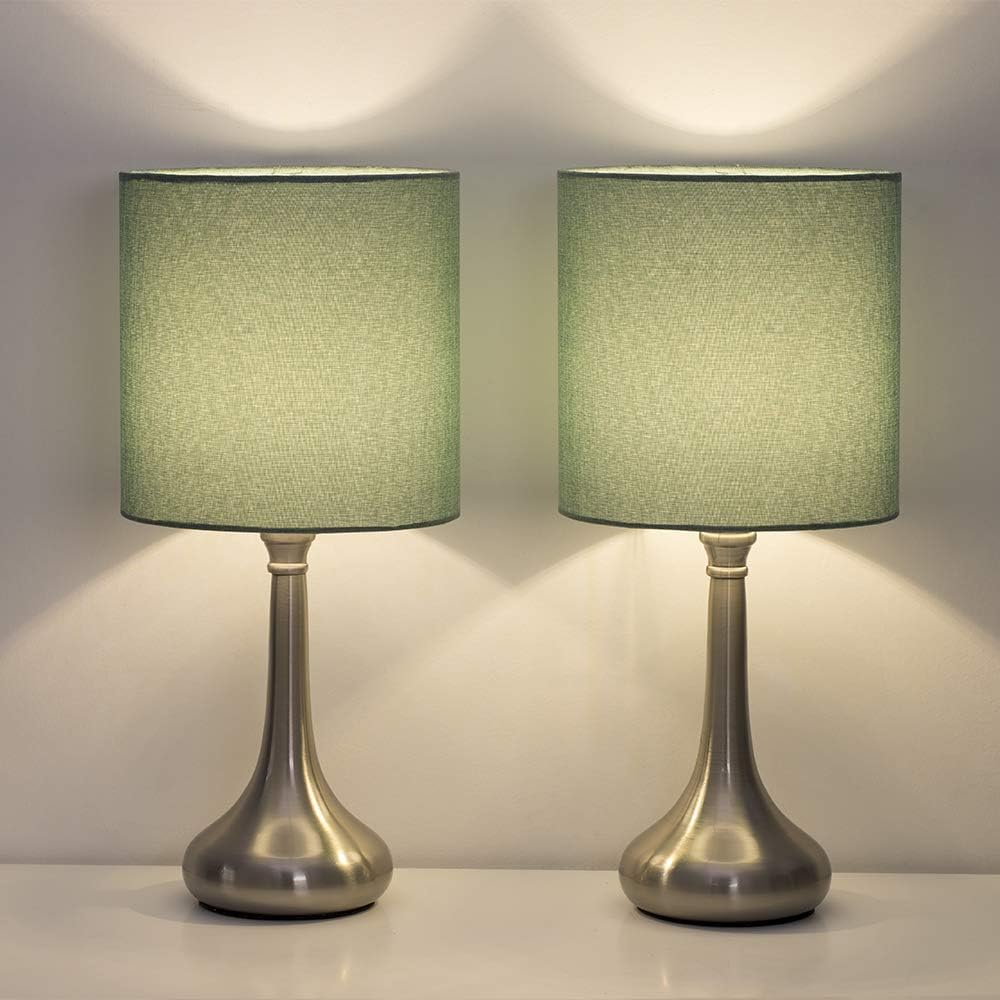 Bedside Lamp Set of 2, Chrome Teardrop Green Fabric Shade Modern Metal Nightstand Lamps for Girls Room,Bedroom,Living Room