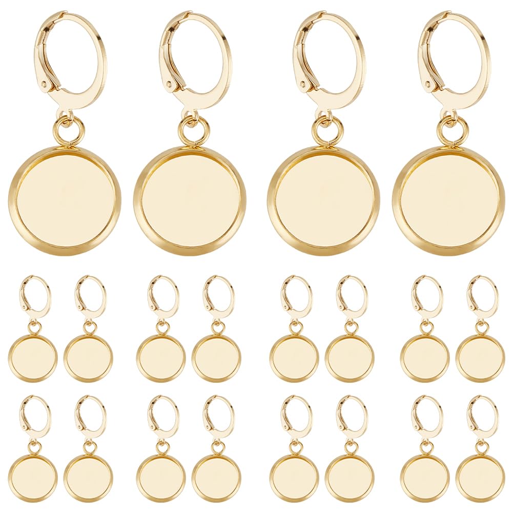 Beebeecraft 1 Box 30Pcs Leverback Earring Findings 18K Gold Plated Stainless Steel French Ear Wires Hooks Flat Round 12mm Bezel Trays Base Earring Cabochon Settings for DIY Earrings Jewellery Making