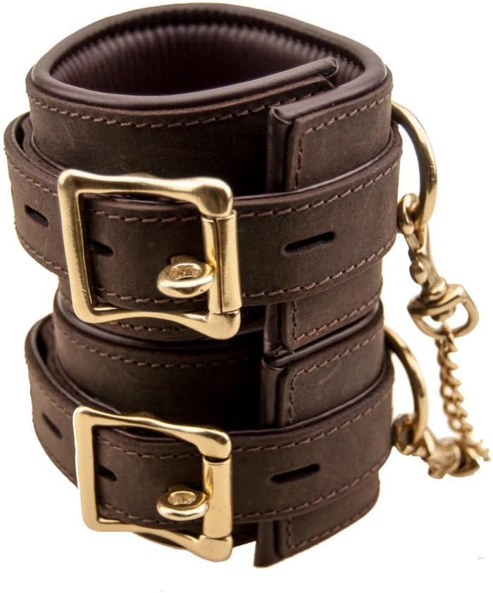 Bound by Loving Joy Nubuck Leather Ankle Restraints, Ankle Cuffs, Bondage Restraints, Bondage Gear, Brown & Gold - Image 3