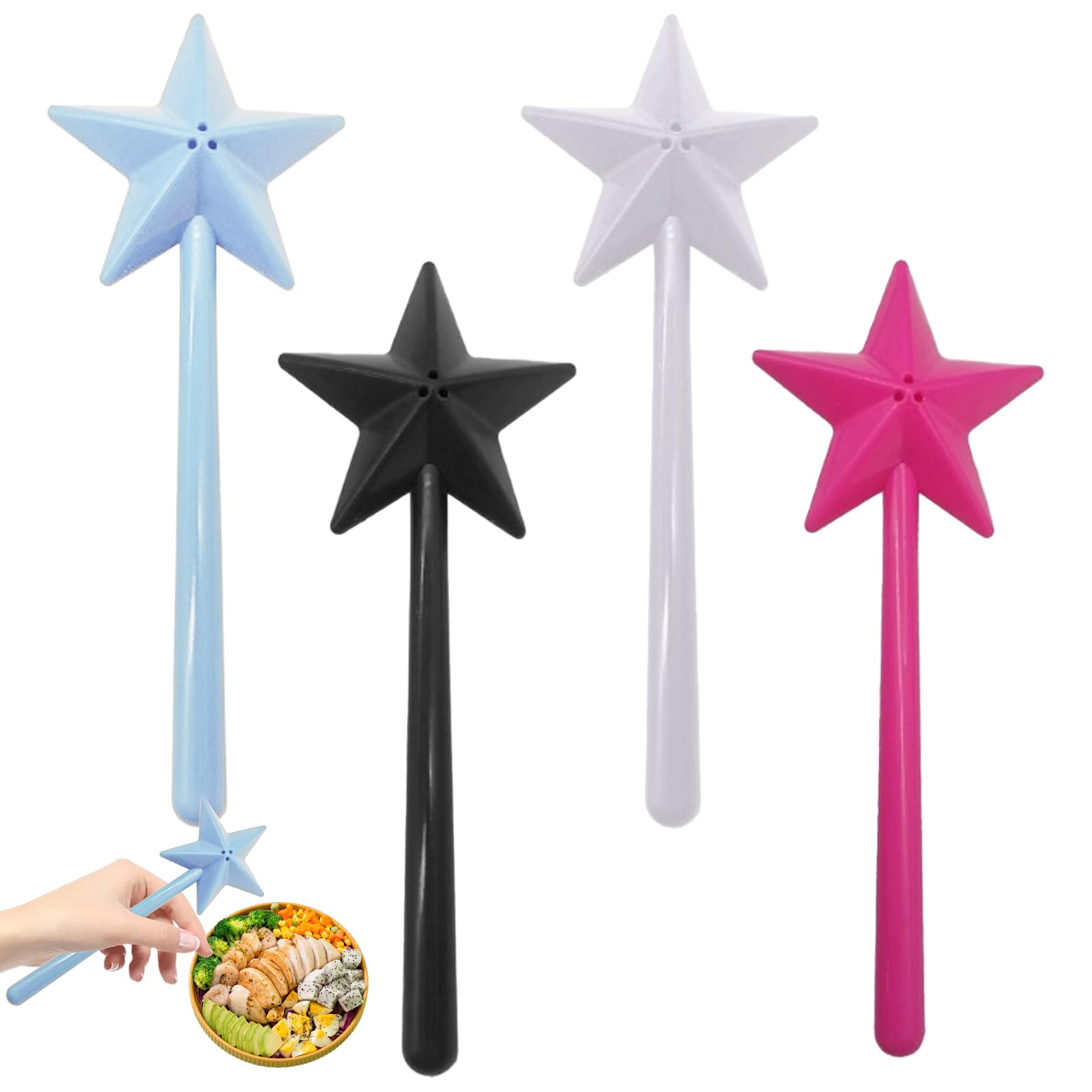 4Pieces Magic Wand Spice Bottle,Stars Stick Spice Dispenser,Star Wand Salt and Pepper Shakers Set,Fairy Wand Flavouring Bottle,Unique Flavouring Accessories for Kitchens, Restaurants and Barbecues