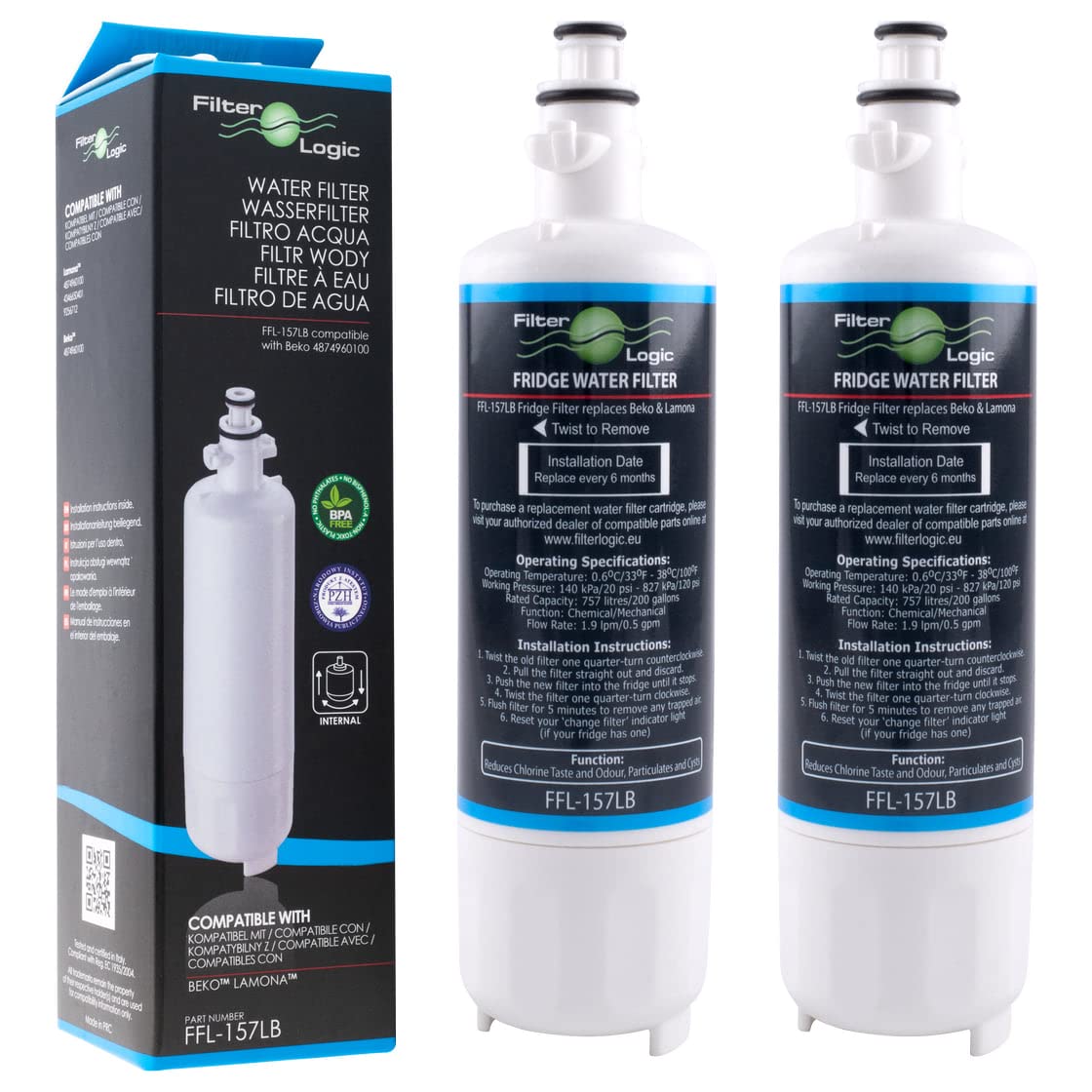 2X FilterLogic FFL-157LB Water Filter Compatible with 4874960100 Cartridge fits Beko, Smeg, Blomberg, Lamona, Leisure, Grundig Refrigerator - SBS Water Dispenser fridges