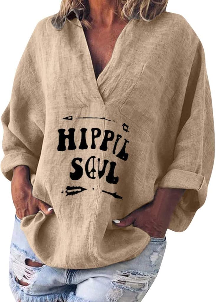 Aniywn Women V-Neck Linen Blouse T-Shirt Loose Solid Simple Pullover Top