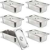 TSUBOR 6 Set Stainless Steel Hotel Pans 1/3 Size 4 Inch Deep With Lids, Anti-Jam Chafing Steam Table Pans, Catering Food Storage Metal Pan