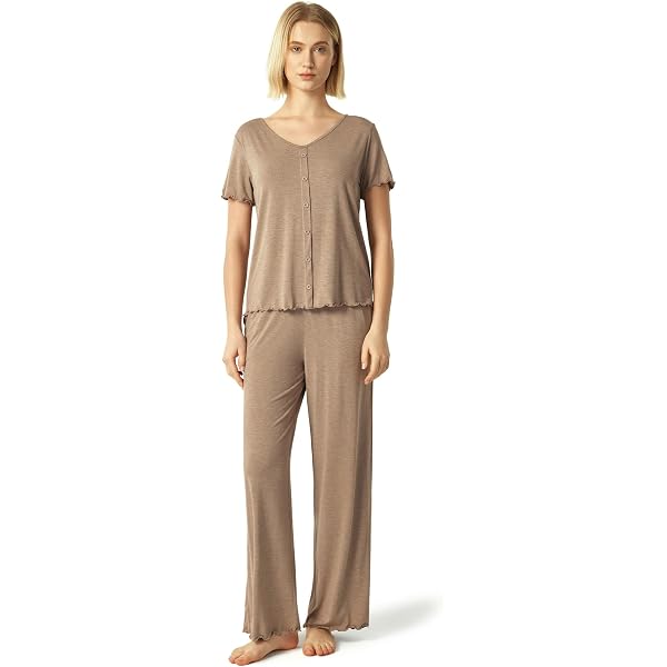 GYS Bamboo Viscose Pajama Set For Women – Short Sleeve Top & Wide Leg Pants Lounge Set - View #12