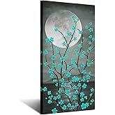 KREATIVE ARTS Large Canvas Prints Wall Art Grey and Teal Plum Blossom Tree and Full Moon Vertical Contemporary Painting for Living Room Decorations 20x40inch