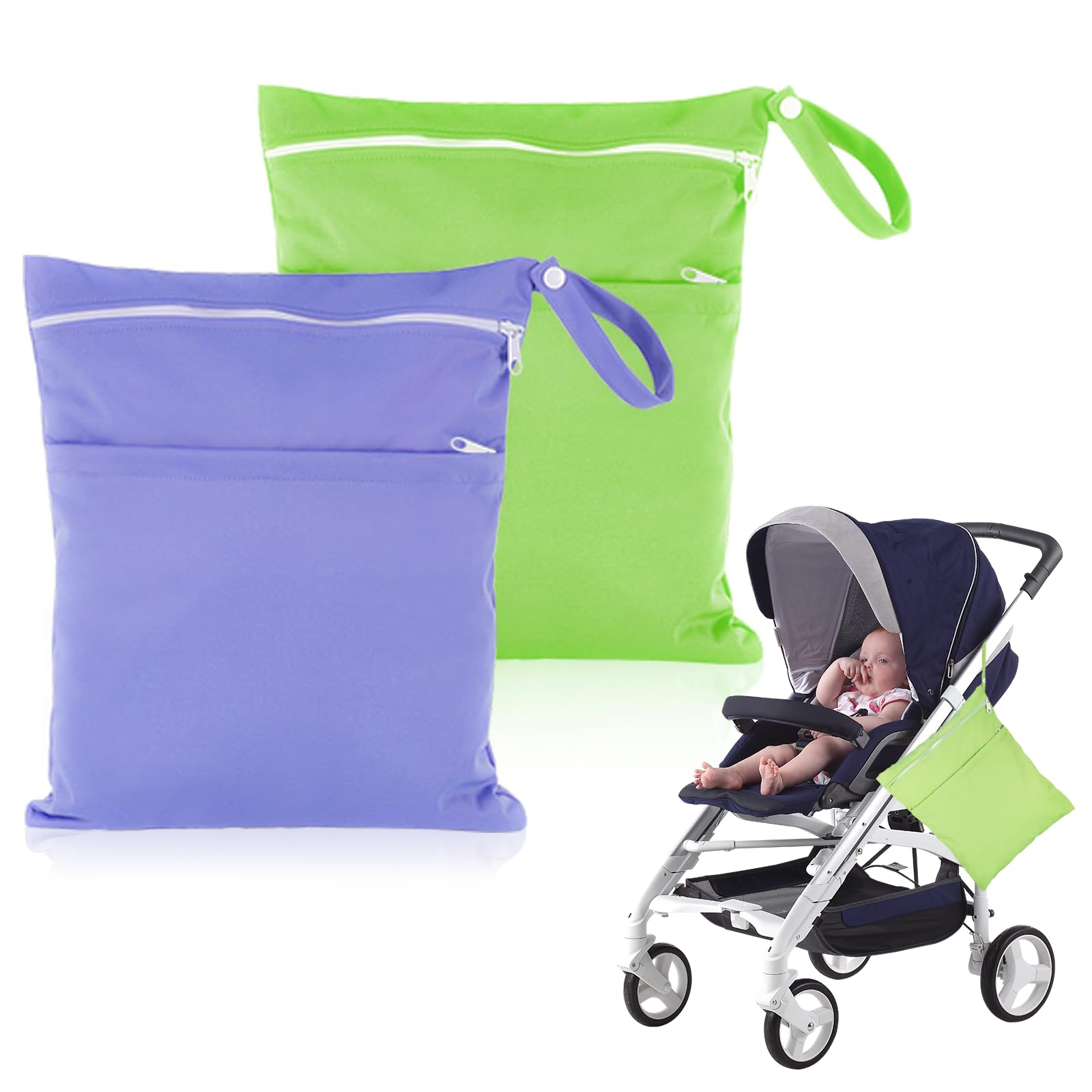 Waterproof-Washable-Reusable Wet Bag - 2 Packs Wet Swimsuit Bag Wet Bags for Swimming, Nappy Bags with Double Zipper Pockets for Baby Items, Wet Clothes Swimming Gym Beach Pool Bag(Purple+Green)