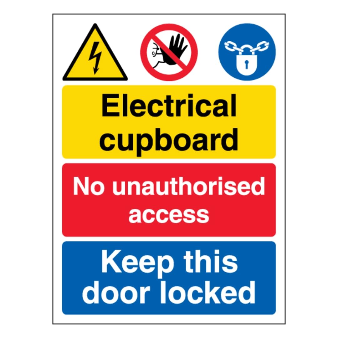 V Safety Electrical cupboard/No unauthorised access/Keep this door locked 210 x 297 mm (A4) - 3mm Aluminium Composite Safety Sign