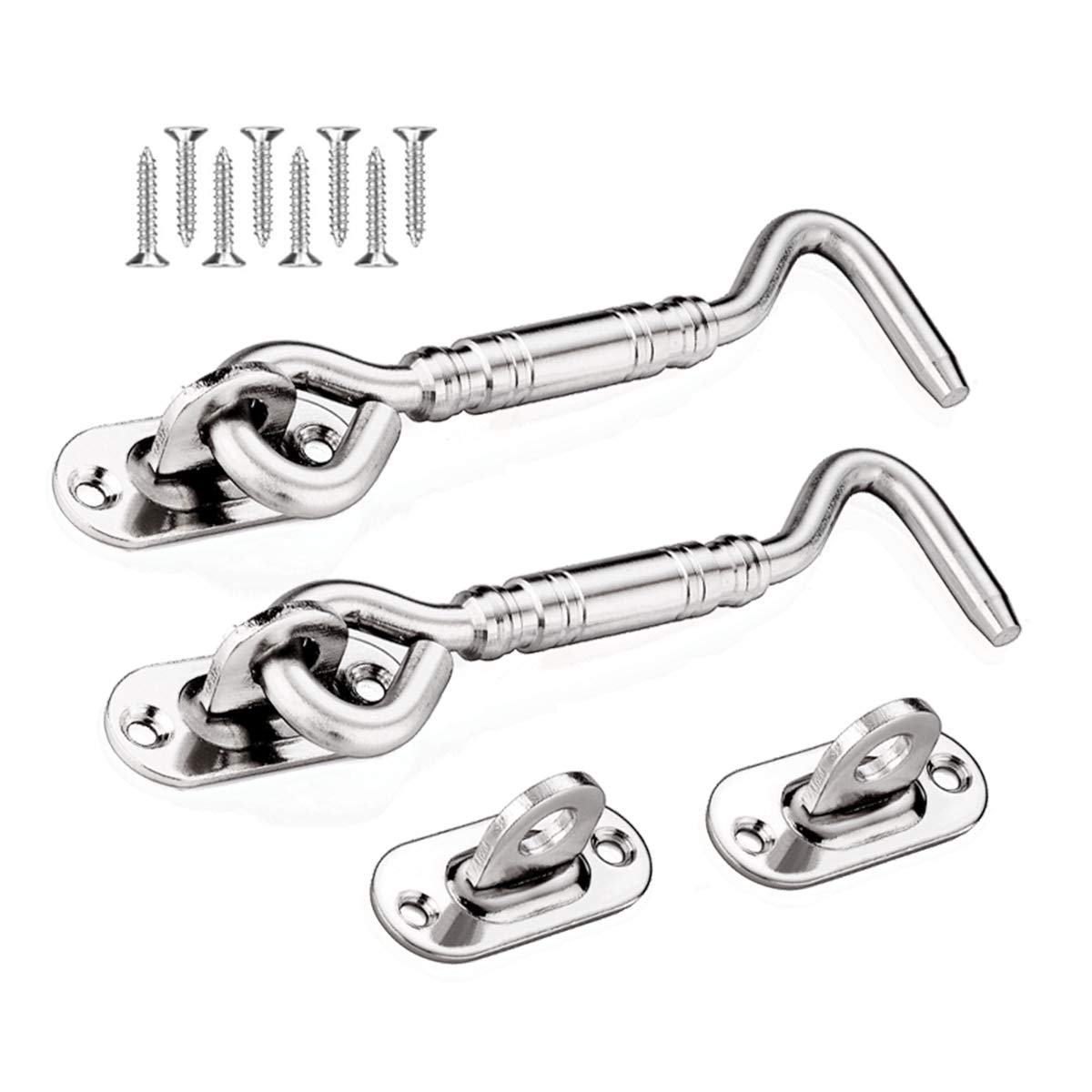 BuxiuGK 2 Piece Heavy Duty Cabin Hook Eye Door Latch 4 Inch Thicken Stainless Steel with Mounting Screws for Shed Doors Cabinet Doors - Silver