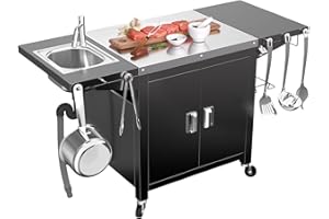 BBQMALL Grill Table with Sink, Outdoor Bar Cart Grill Station, Modular Outdoor Kitchen Island with 100-Gallon Storage Cabinet, 304 Stainless Steel Top, Pizza Oven Table for Lawn & Garden, L60” x W25”