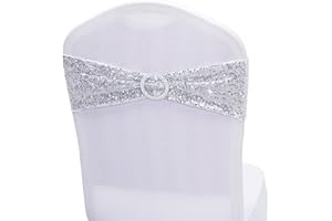 Dimatic 50 PCS Stretch Sequin Chair Sashes Chair Stretchy Spandex Bands for Wedding Reception Events Banquets Chairs Decoration (Silver)