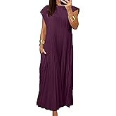 SEMATOMALA Women's Pleated Short Sleeve Maxi Dress Crewneck Loose Fit Flowy Swing Long Dress with Pockets