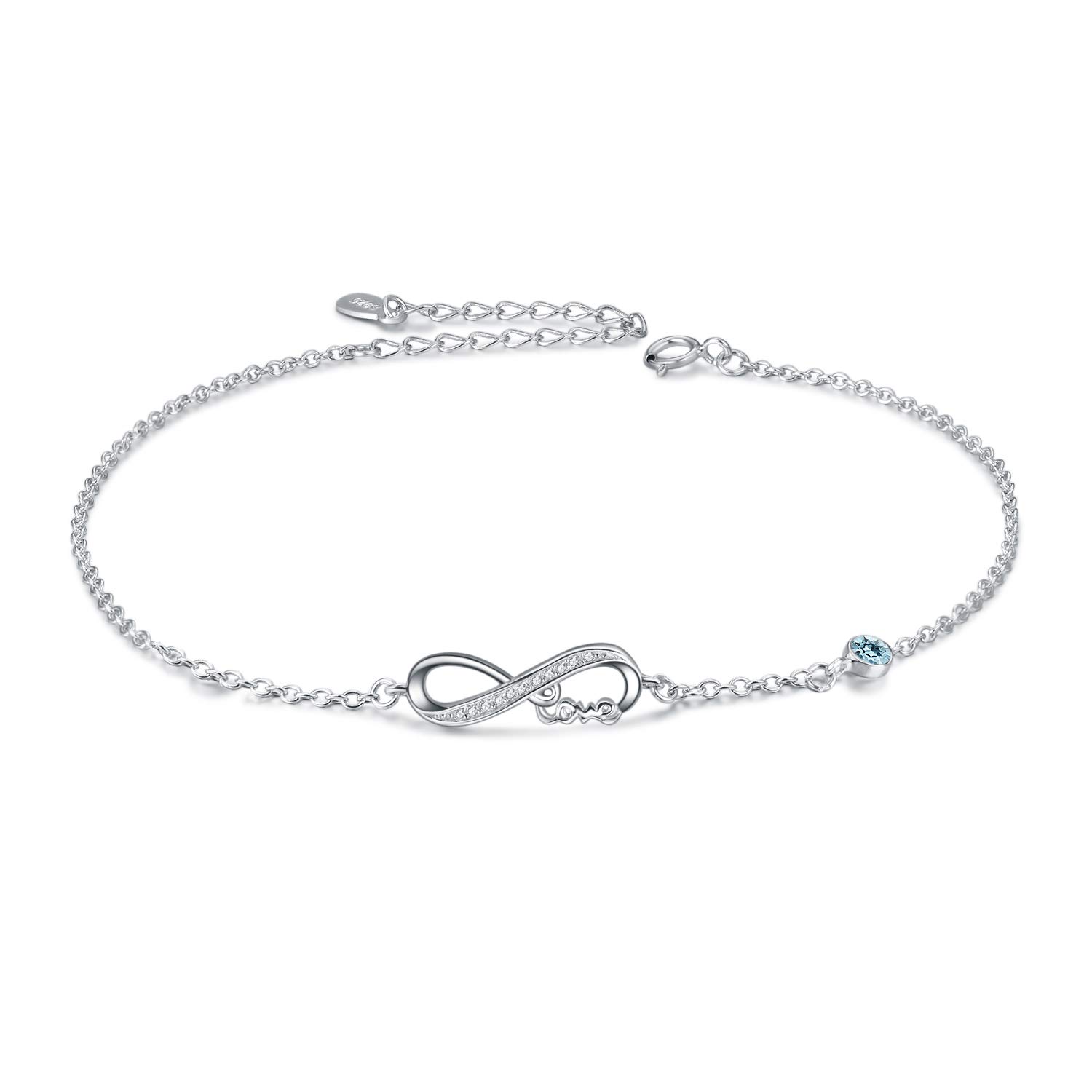AOBOCO 925 Sterling Silver Infinity Bracelet with Birthstone Crystals, Birthday Gifts for Her Girlfriend Wife (3-March-Simulated Aquamarine)