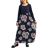 GORLYA Girl's Short Sleeve Patchwork Floral Print Loose Casual Long Maxi Dress with Pockets for 4-12 Years Kids