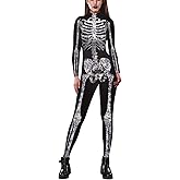 CUEPANDA Womens Halloween Costumes Skeleton Costume Jumpsuit Long Sleeve Skinny 3D Print Skull Bodysuit Cosplay Outfit