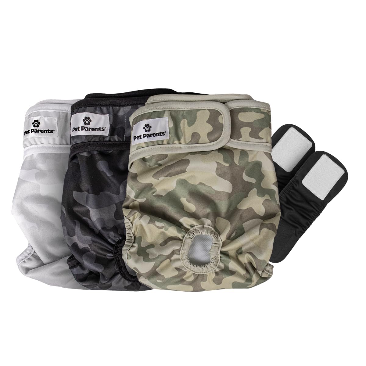 Photo 1 of Pet Parents® Washable Dog Diapers (3pack) + Extendrs® of Durable Doggie Diapers, Premium Dog Diapers Female & Male (X-Small, Camo)
