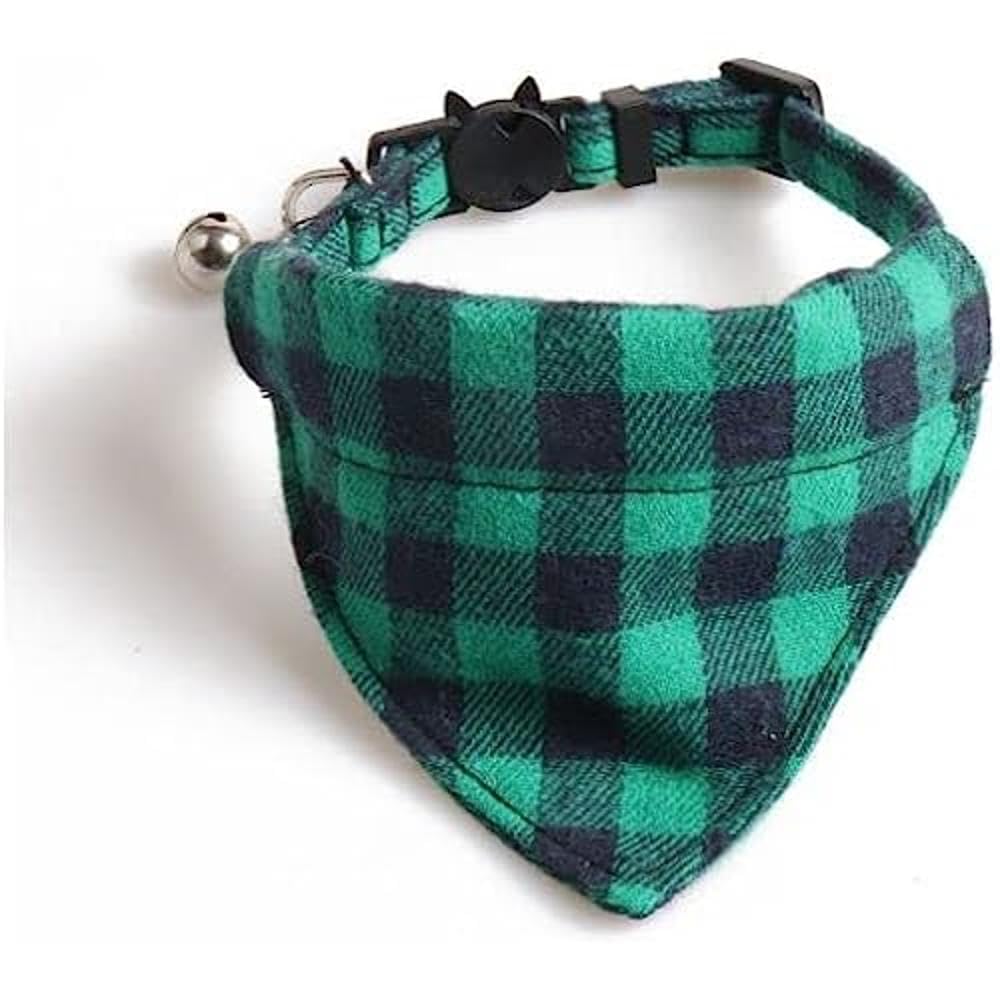 Bandana Cat Collars and Bell | Safe Quick Release Breakaway Buckle | Zacal Cat Collars (Green & Black Chequered Bandana) — image 1