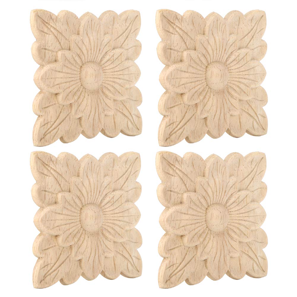 4 Pcs Wood Applique, Beautiful Flower Pattern Unpainted Frame Wood Carved Applique Furniture Decoration Garden Door Accessories
