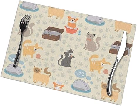 Amazon かわいい猫ランチョンマット6個セット保温防汚キッチンテーブルマット滑り止め織り ホワイト ワンサイズ ランチョンマット オンライン通販