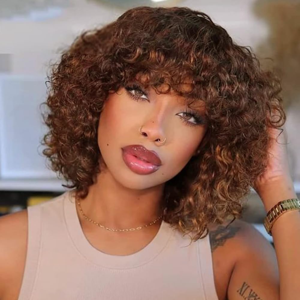DÉBUT Human Hair Bob Wig With Bangs - Short Curly, Jerry Curl, 150% Density, Non Lace Front, Glueless (10 Inches, TT1B/33)