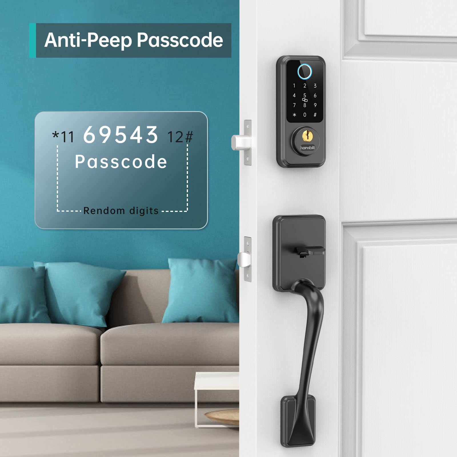 Hornbill Smart Lock Front Door - Keyless Entry Door Lock with Handle Set, Smart Deadbolt for Front Door, Bluetooth Fingerprint Biometric Auto Lock for New House, Airbnb, Office, Appartment