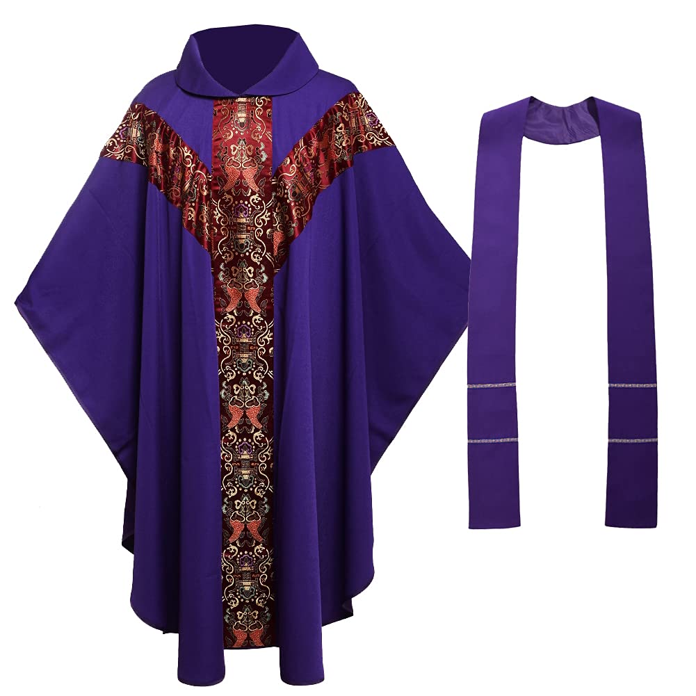 BLESSUME Priest Celebrant Chasuble Catholic Church Father Mass Vestments Robe with Embroidery White (Purple)(Size: One Size)