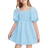 Haloumoning Girls Summer Dress Kids Square Neck Puff Sleeve A-Line Smocked Mini Dresses 5-14 Years