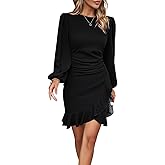 Women Formal Elegant Mini Dress Long Lantern Sleeve Ruffle Hem Ruched Party Cocktail Wedding Guest Work Dresses