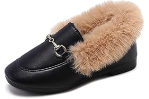 TangDao Toddler Little Kids Dress Shoes Velour with Fur Girls Boys Loafers Leather Warm Dress Shoes for Girls