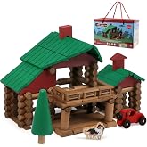 Wondertoys 134Pcs Wooden Log Set Retreat House- Classic Building Logs Ages 3+ - Best Retro Building Gift Set for Boys - Creative Construction Engineering Educational Gifts