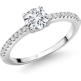 Gem Stone King 5MM Round Gemstone Birthstone and White Lab Grown Diamond Engagement Ring | 925 Sterling Silver | Wedding Anniversary Promise Ring For Women | Available In Size 5, 6, 7, 8, 9