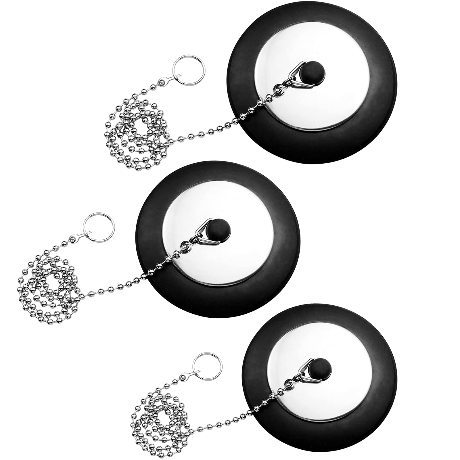 inodiref 3 x Rubber Sink Plugs with Ball Chain for Kitchen Bathtub Sink 40 mm/43 mm/50 mm Black