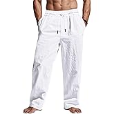 TRFIC Men's Linen Pants Lightweight Drawstring Elastic Waist Pockets Loose Fit Straight Legs Summer Beach Yoga