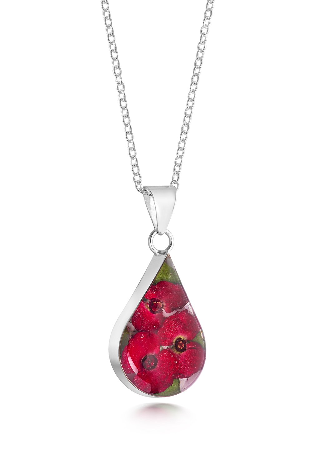 Natural Flower Jewellery Sterling Silver Medium Tear Drop Pendant Made with Real Poppies