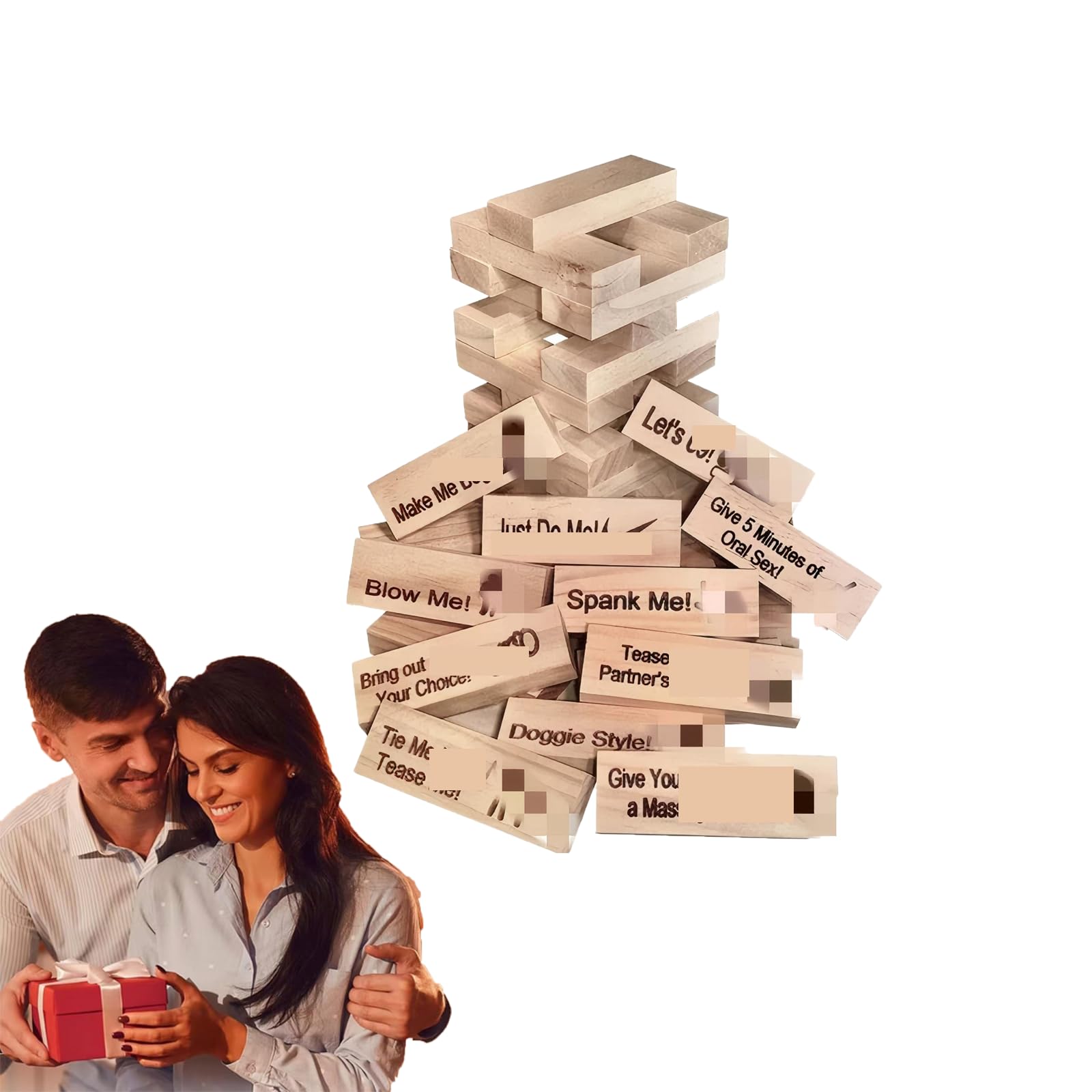 MOOYIYAN Wooden Couples Date Night Stacking Block Game, Natural Pine Wood, Adult Party Game with Romantic Activities(48pcs)