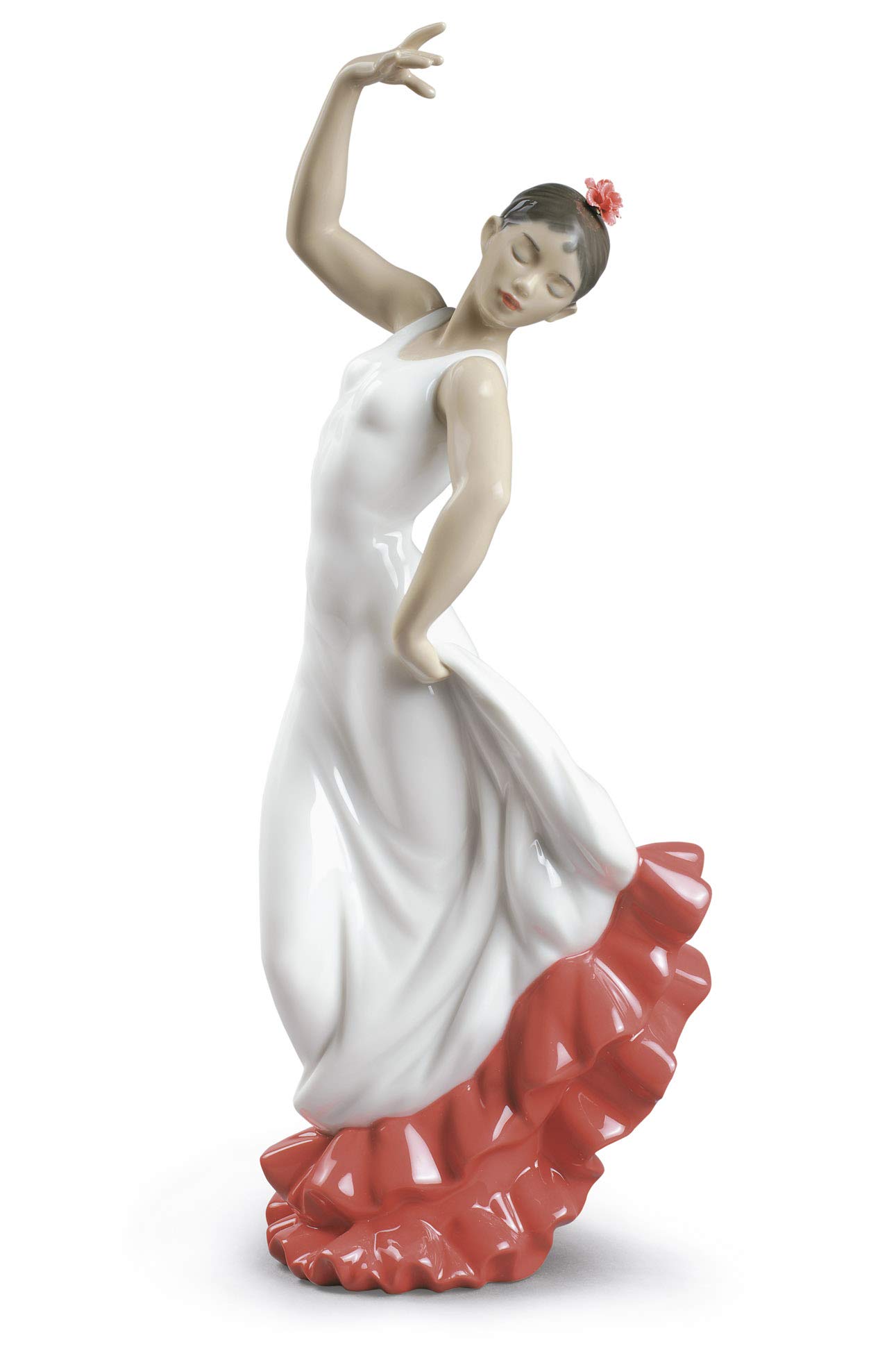 NAO Spanish Art Woman Figure in White-Red Glossy Porcelain. Porcelain Spanish Dancer Decorative Figure