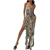 WDIRARA Women's Leopard Print Ruffle Split Tube Dresses Asymmetrical Strapless Bodycon Maxi Dress