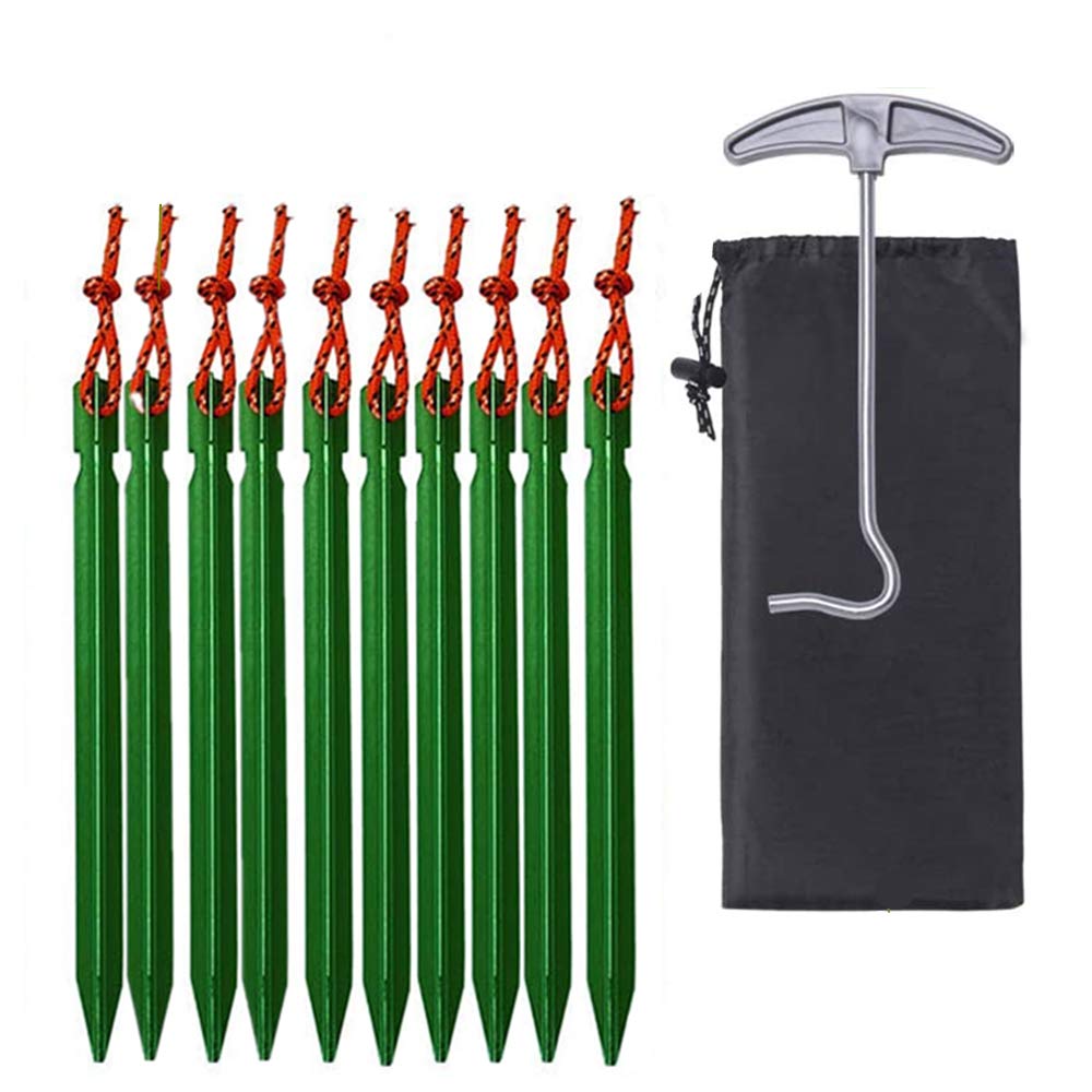 Green Tent Pegs 10 Pcs,Sunboia 7 inches Lightweight Aluminum Y-Shaped Tent Stake Nails with Reflective Rope for Outdoor Camping Trip Hiking