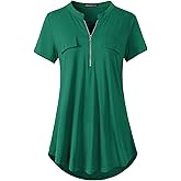 ZENNILO Women's Shirt Zip Plaid V Neck Short Sleeve Casual Summer Tunic Tops