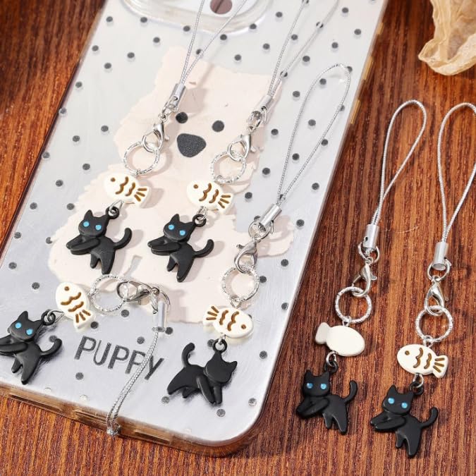 Black Cat Phone Charm Cute Kawaii Cat Fish Phone Bag Charm Accessories