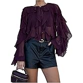 GORGLITTER Women's Chiffon Ruffle Blouses Casual Office Mesh Long Sleeve Button Up V Neck Shirts Dressy Fashion Trendy