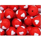 BeadTin Opaque 20mm Round Plastic Beads - White Hearts (10pcs) (Red)