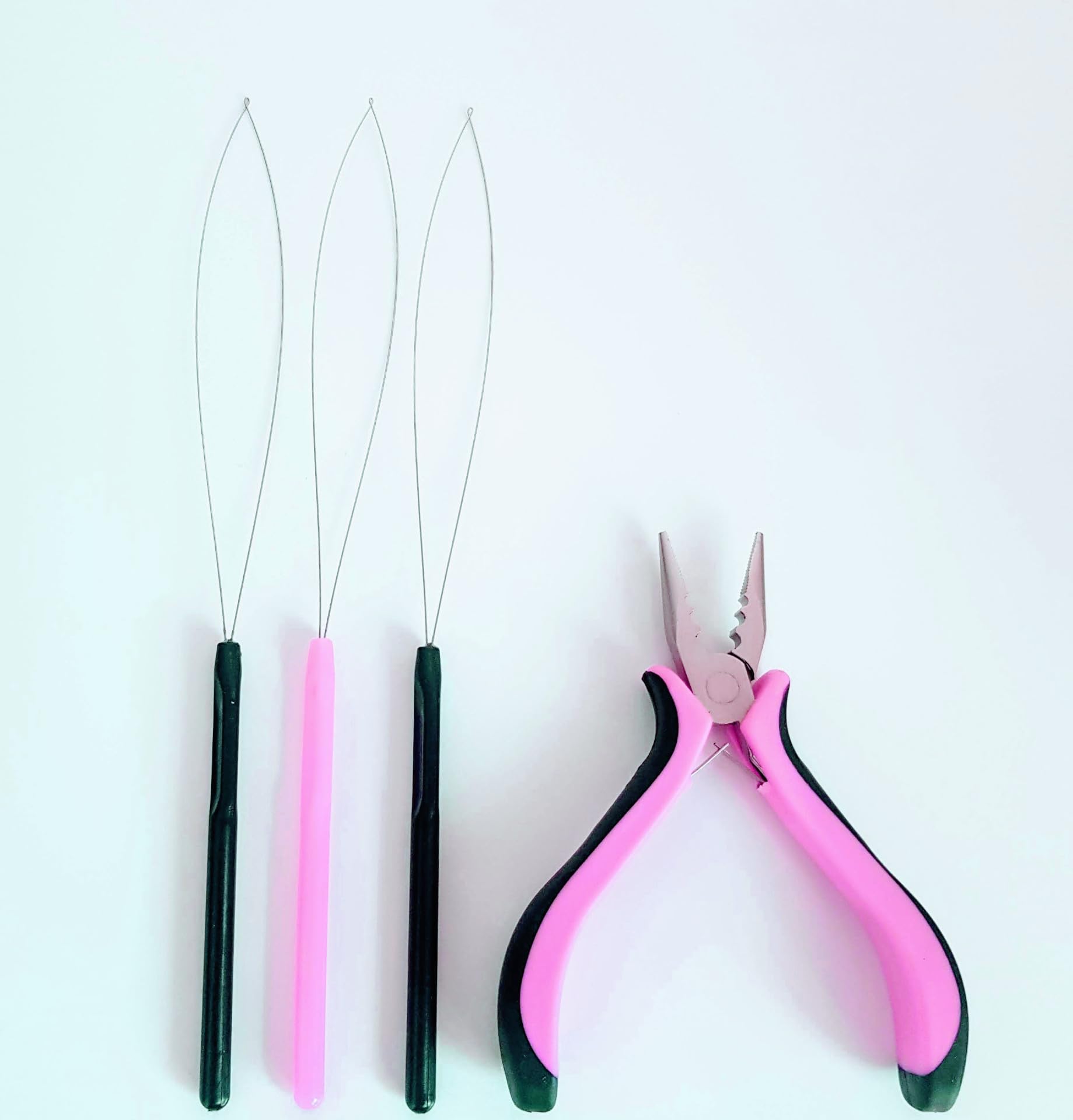 Hair Extension Pliers and Pulling Loop Threader Tool Full Set for Micro and Nano Hair Extensions Rings Beads Black & Pink (Pink Pliers & 3 Threaders)