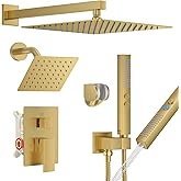 FAROLAN Shower Faucet Set, Wall Mounted Rainfall Shower System 12"+ 6" Dual Shower Head Sets with 2 in 1 Handheld Spray with Rough-in Valve and Shower Trim Kit, Brushed Gold