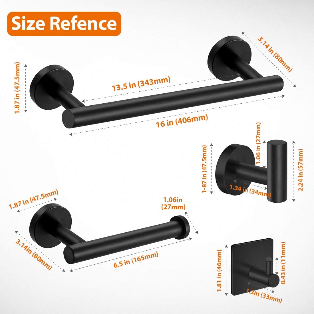 Tudoccy 5-Pieces Matte Black Bathroom Hardware Set SUS304 Stainless Steel Round Wall Mounted - Includes 16" Hand Towel Bar, Toilet Paper Holder, 3 Robe Towel Hooks,Bathroom Accessories Kit: Home & Kitchen
